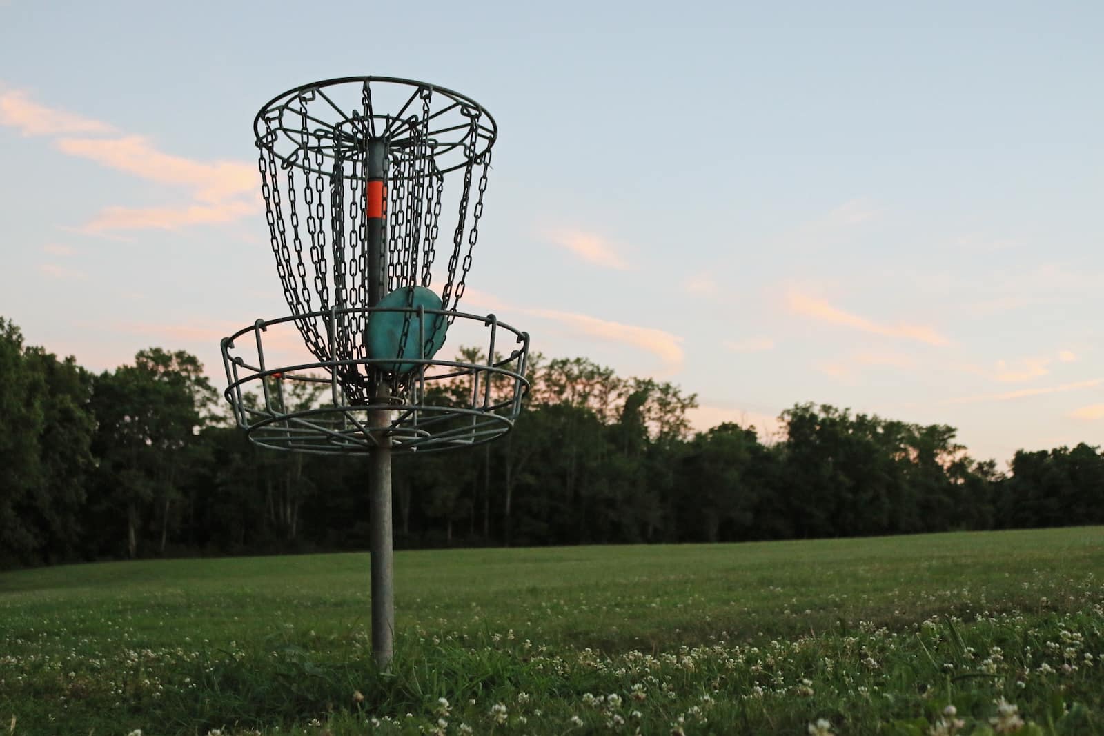 A disc golf basket in the green field on a sunny day at the Dickinson County Nature Center