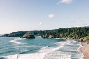 View of waves on ocean, redwood trees, and beautiful, sandy Eureka California Beach on a clear blue day. 