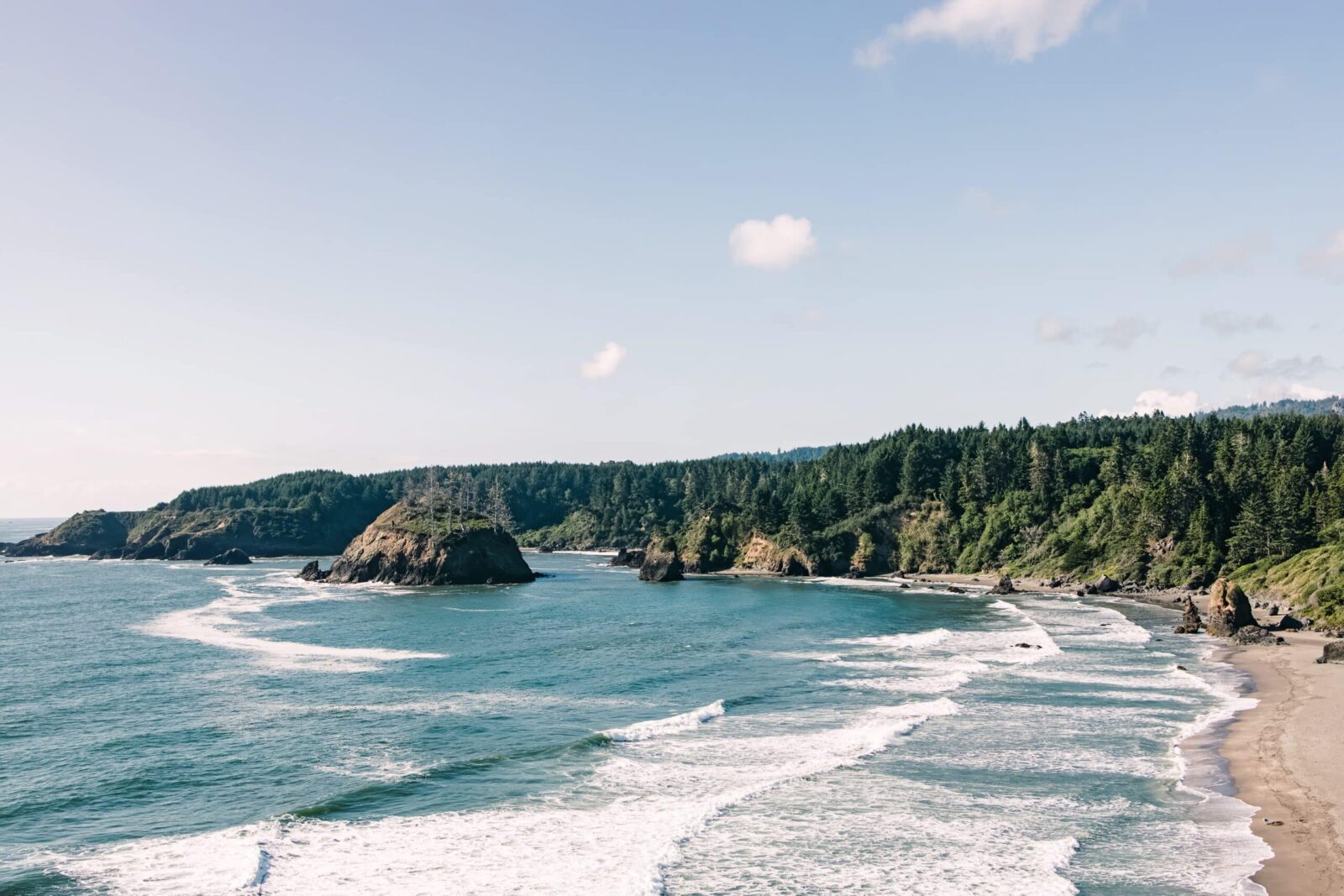View of waves on ocean, redwood trees, and beautiful, sandy Eureka California Beach on a clear blue day. 