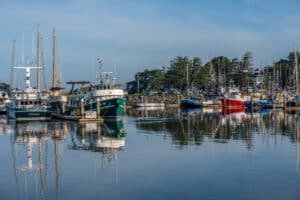 Boats in Humboldt Bay. The Eureka Waterfront Trail follows Humboldt Bay.