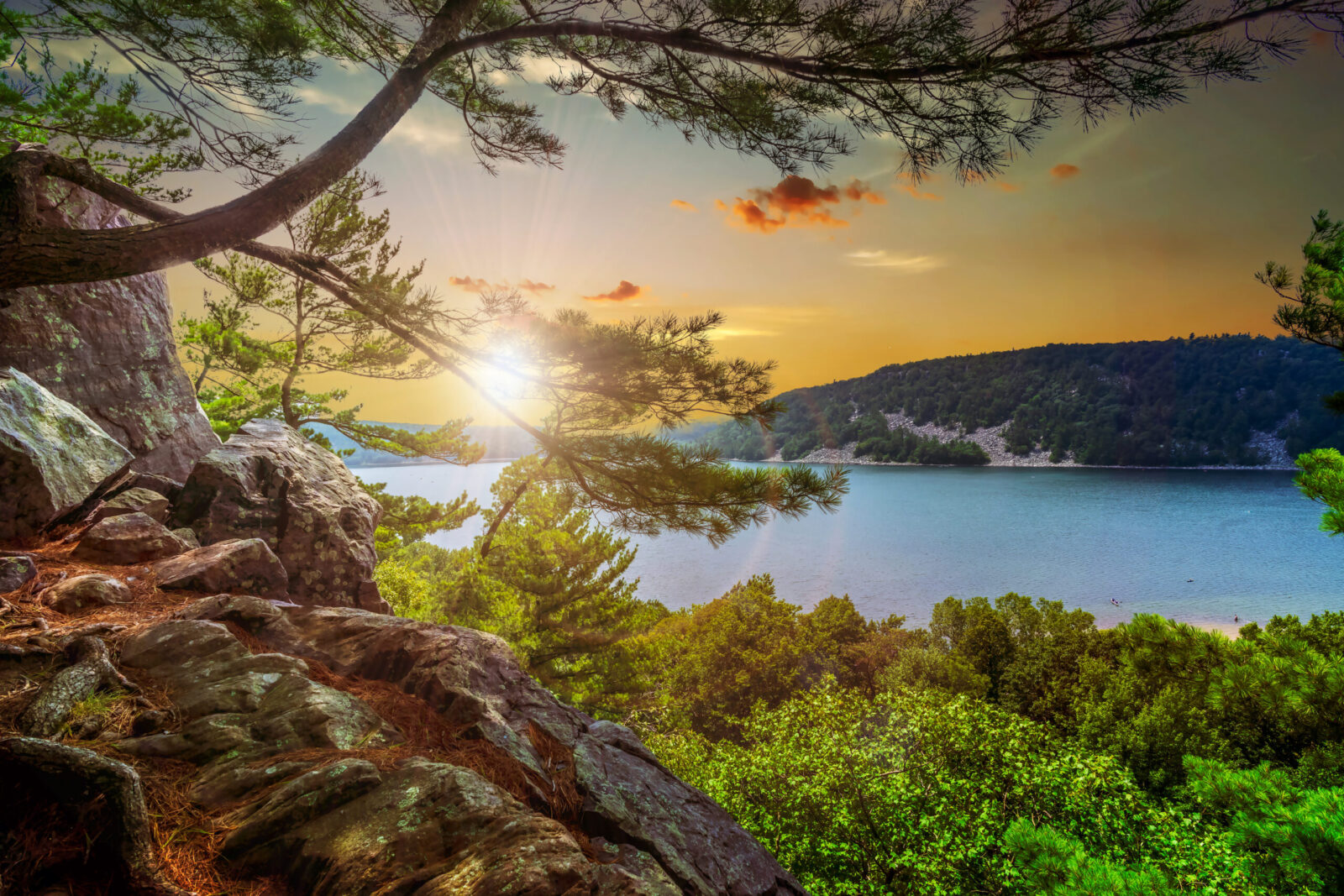 View of Devils Lake Wisconsin at sunset.