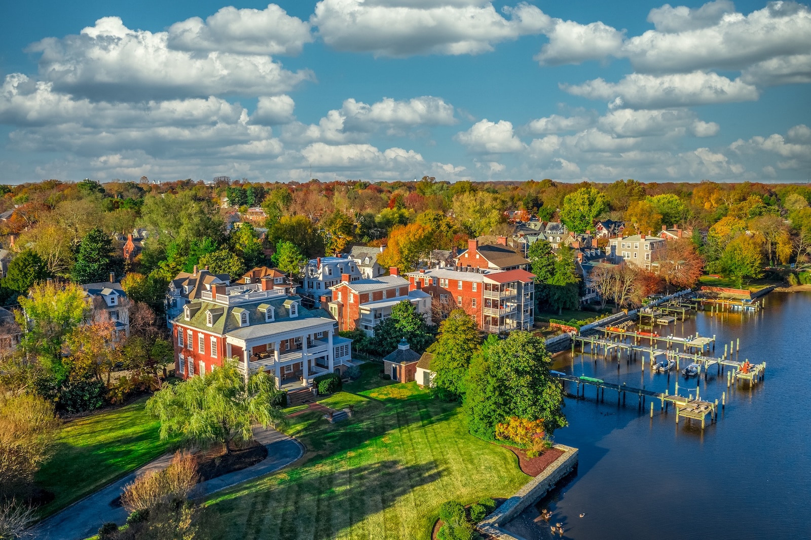 An aerial summer view of colonial Chestertown on the Chesapeake Bay, where you can find things to do in Chestertown MD.
