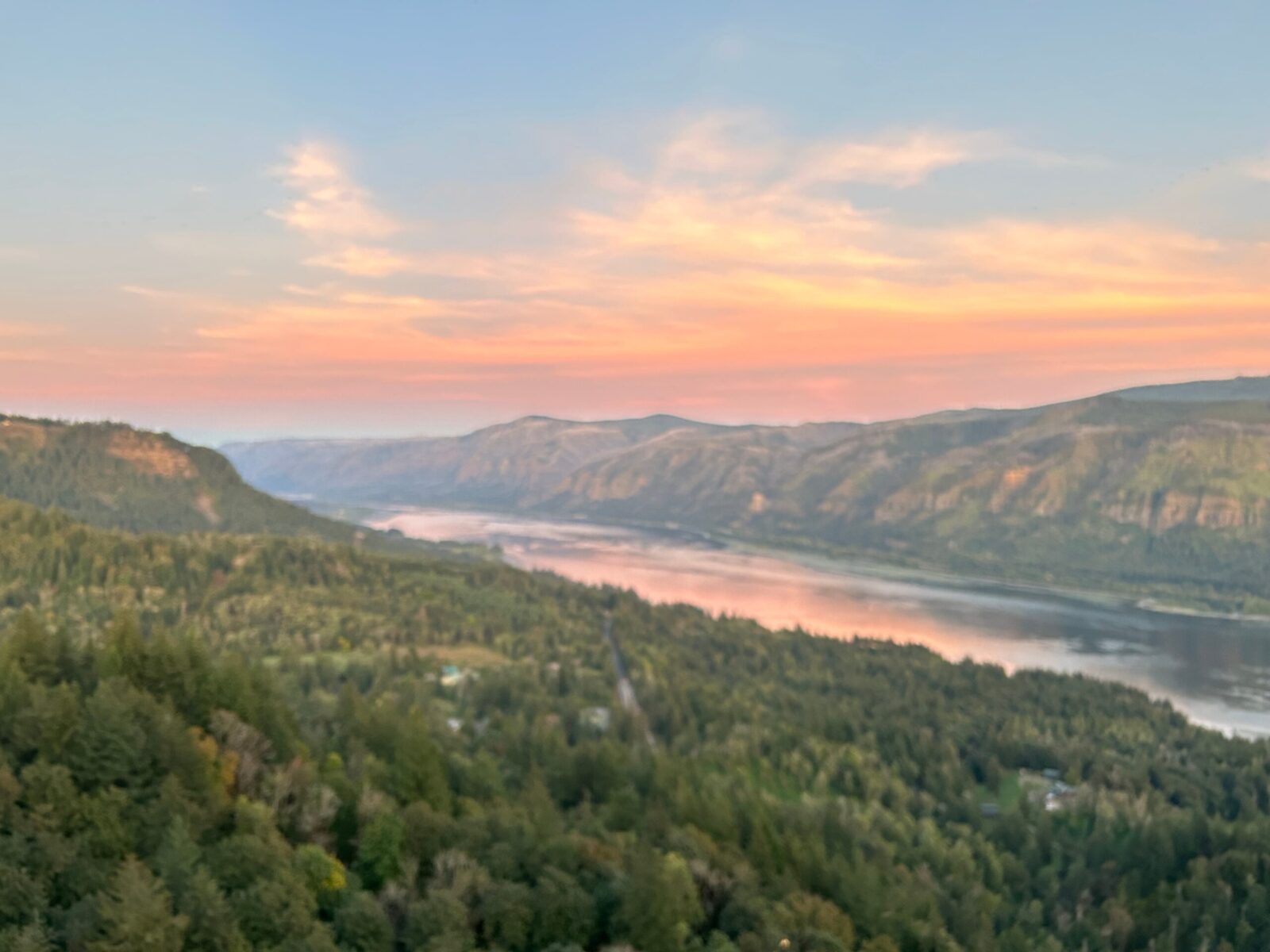 View from the top of the Cape Horn Trail in Oregon at dusk.