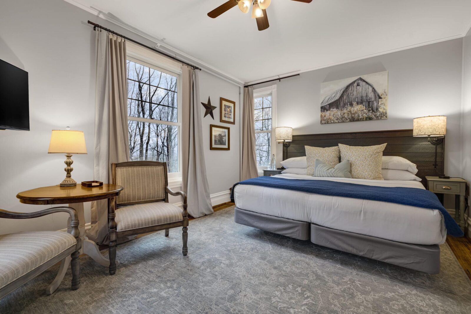 Carriage House guest room at our Reading PA Bed and Breakfast. grey walls, blue accent