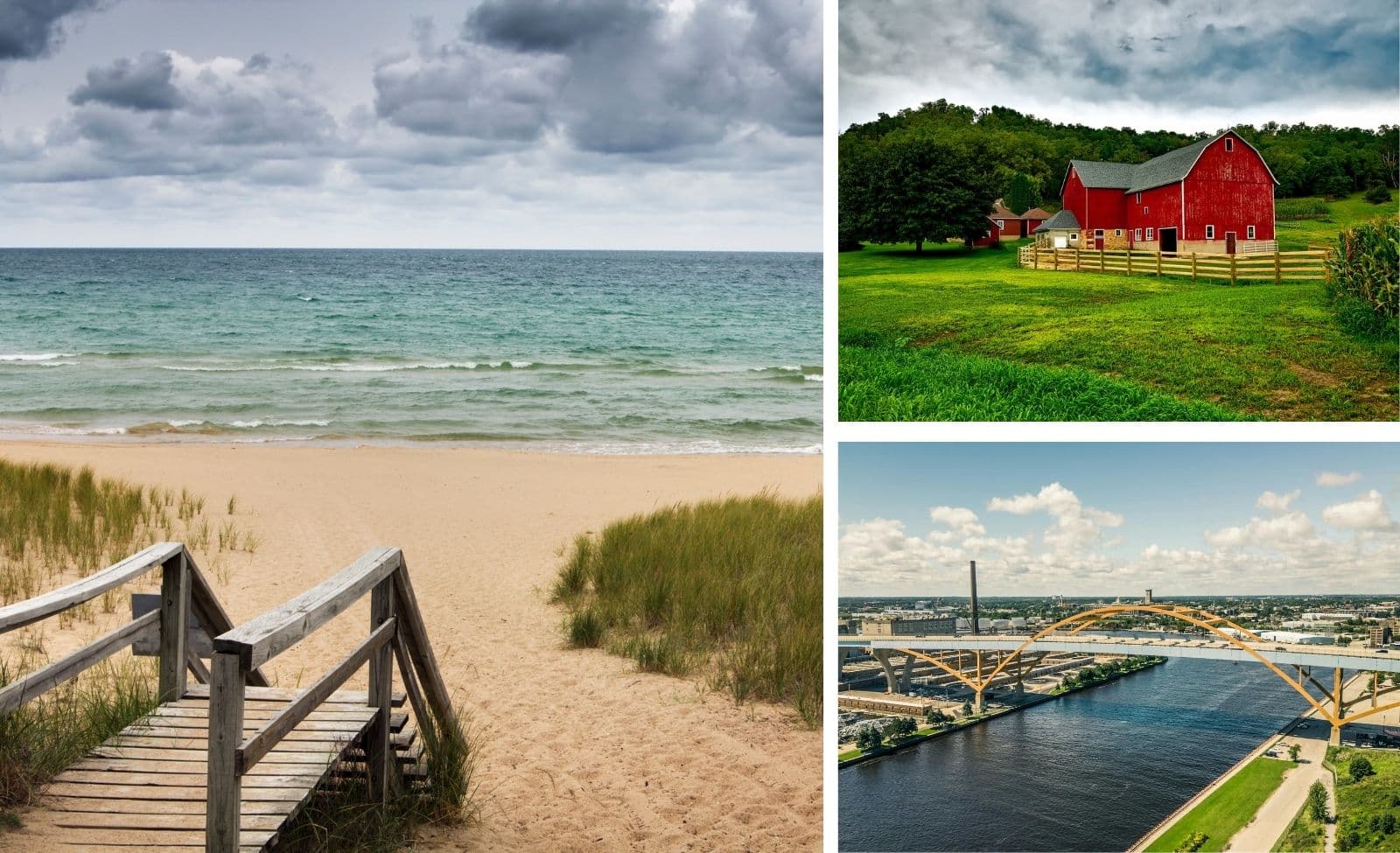 Door County beach farmland with red barn and Milwaukee Hoan Bridge in Wisconsin