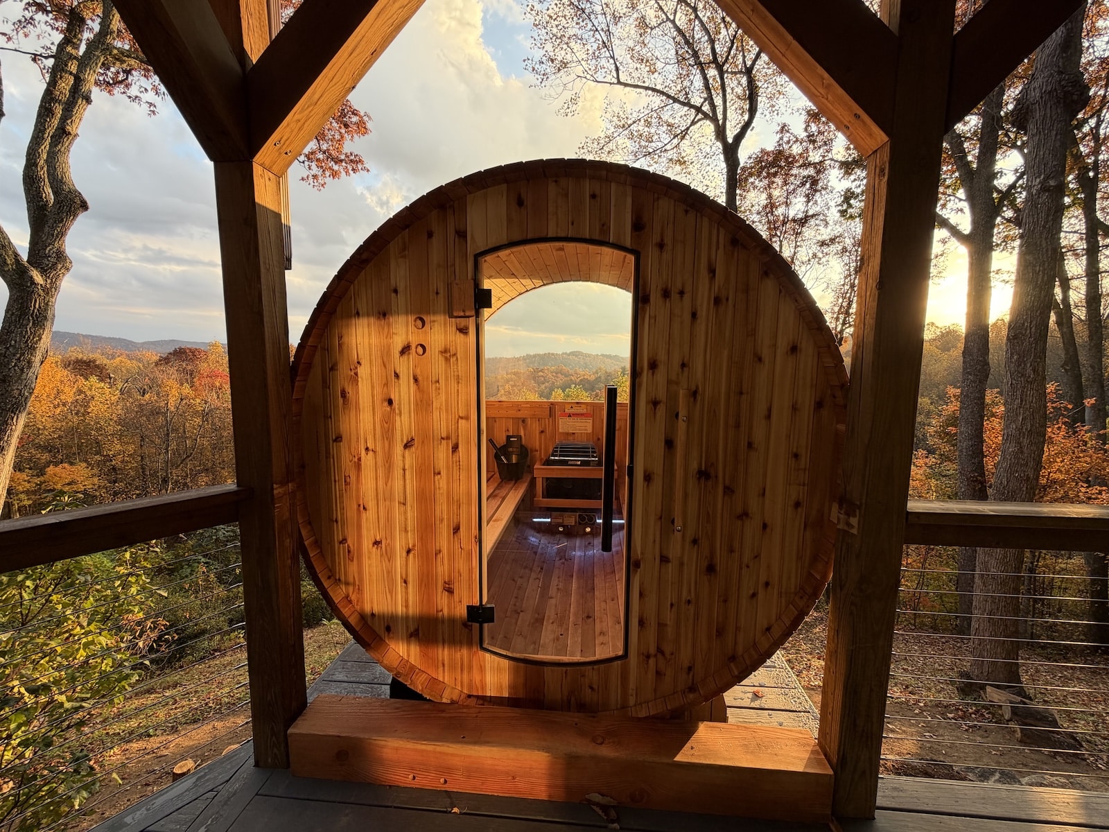 A relaxing sauna overlooking fall colors on the mountains at the best Bed and Breakfast NC mountains.