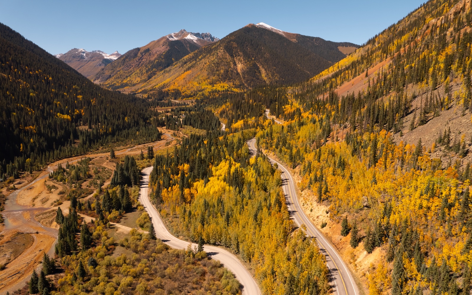 The Million Dollar Highway on the San Juan Skyway with mountain views and the road surrounded by golden aspens in the fall.