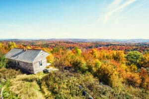View of fall foliage at Hogback Mountain Conservation area. Go hiking at molly stark state park