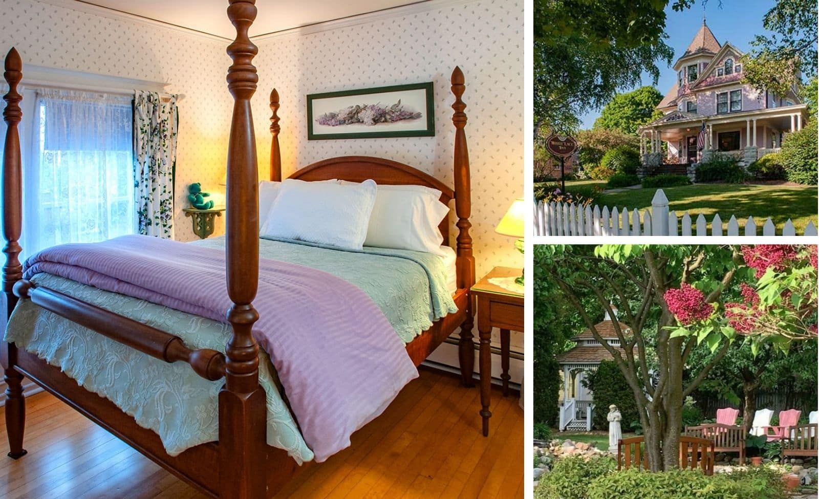 English Lavender room four poster bed at White Lace Inn with the pink Victorian exterior and garden in Door County.