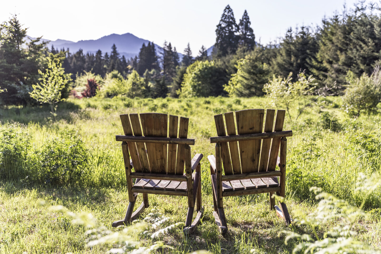 Two wooden chairs sit on the property at our Cabins in Washington with a view of the mountains and meadow. The best places to relax after Columbia Gorge Hikes