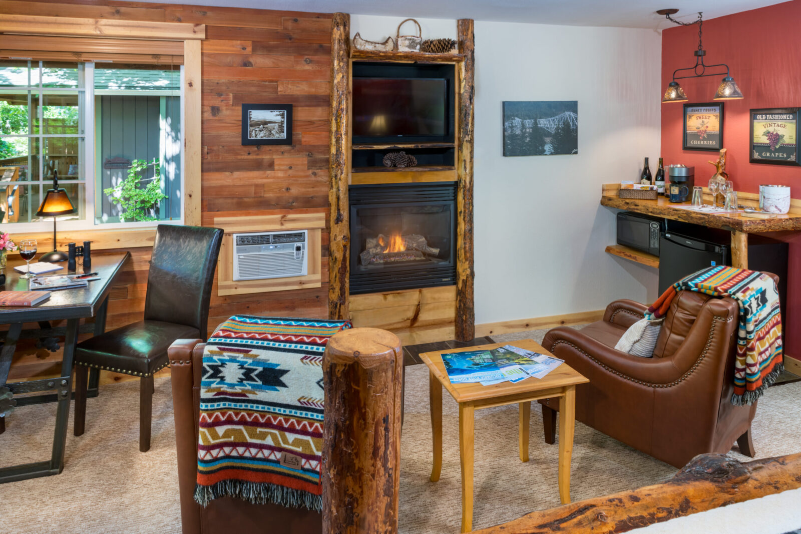 Salmon Berry cabin seating area and fire place