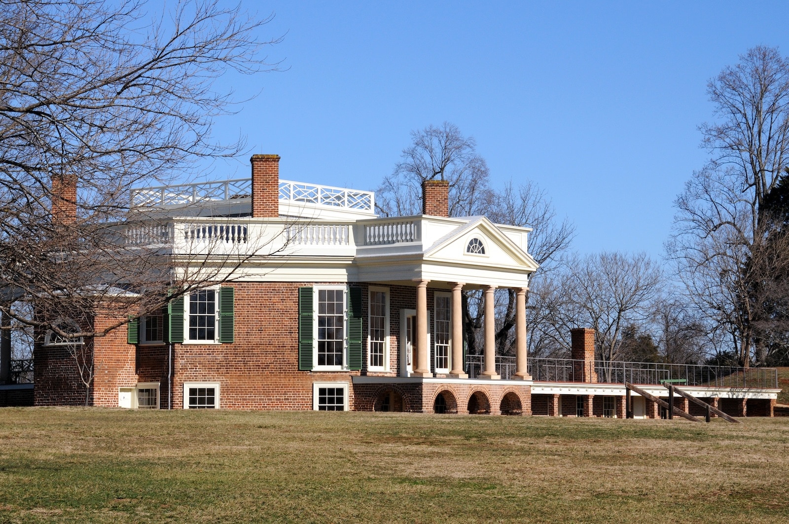 A brick house with columns at Thomas Jefferson's Poplar Forest Virginia.