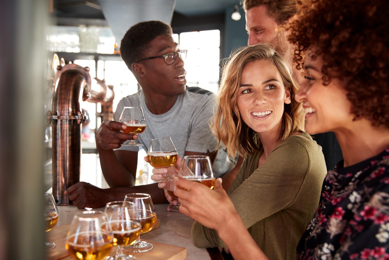 Group of friends enjoying a beer tasting on San Juan Island