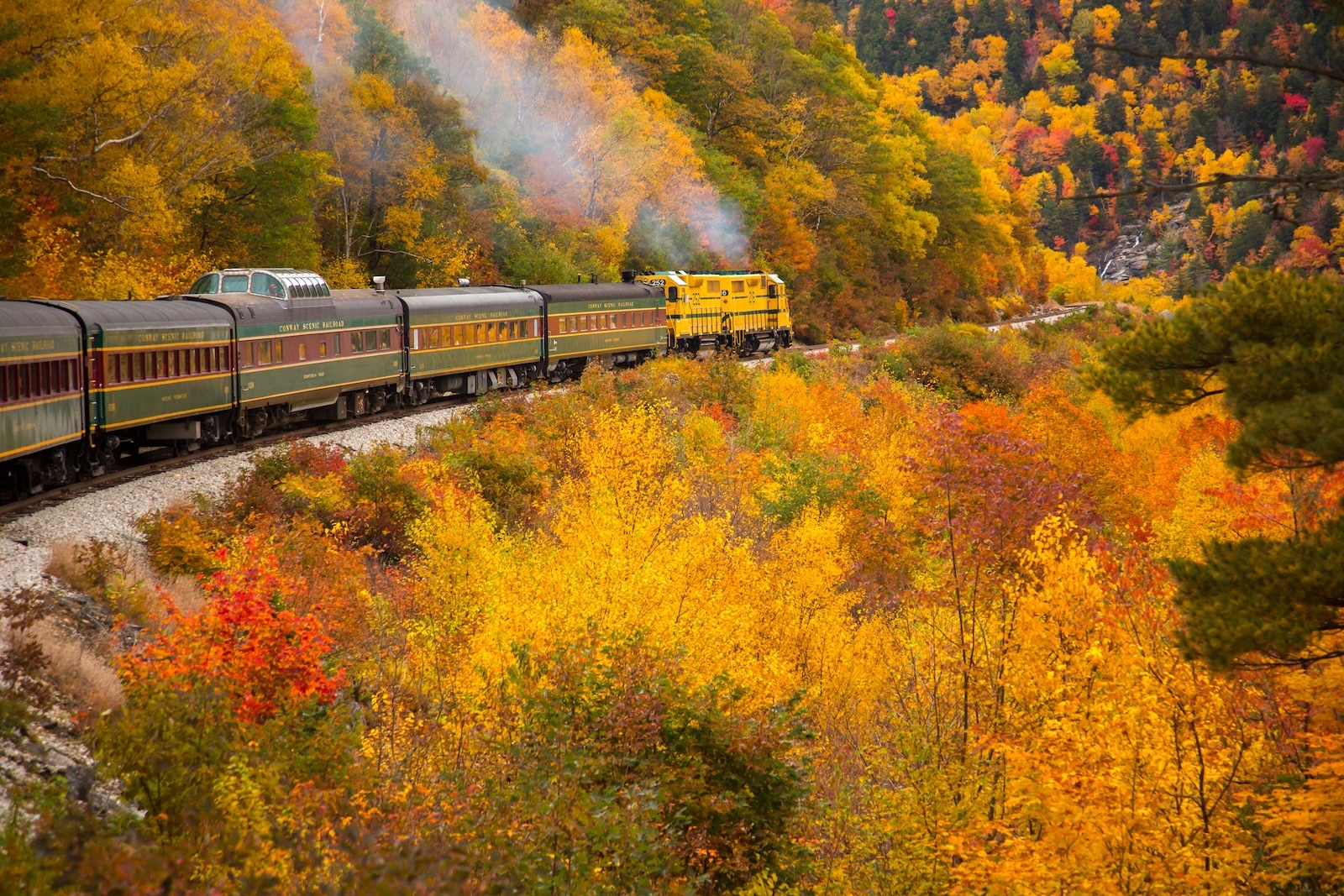 The Conway Train on the tracks in the mountains surrounded by fall foliage at the Conway Scenic Railroad in New Hampshire.