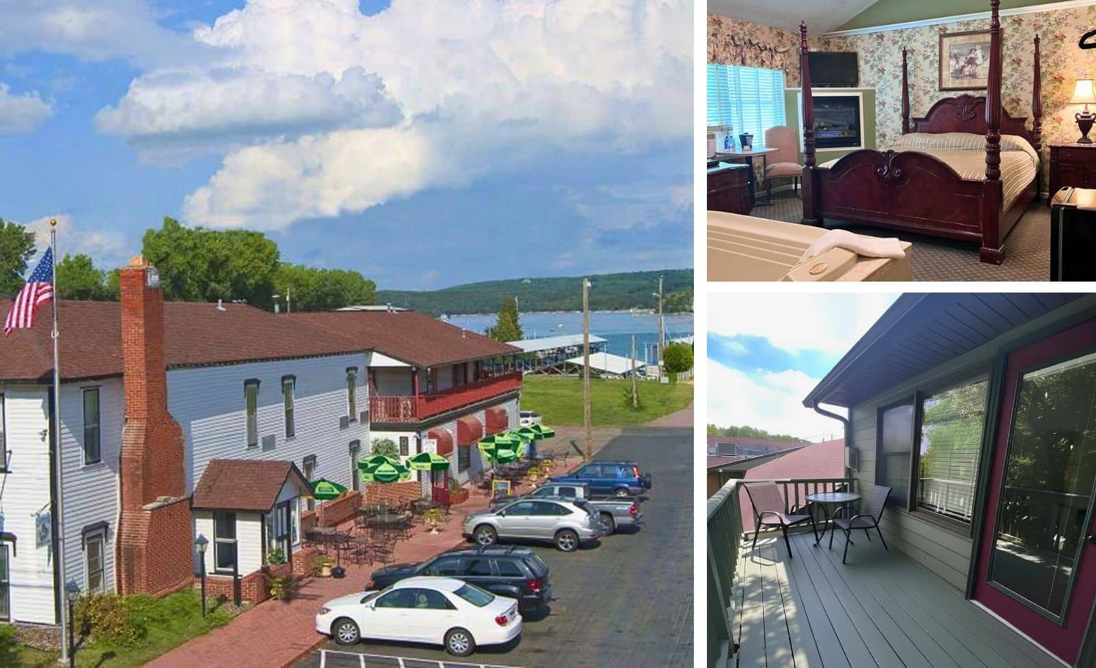 Afton House Inn exterior along the river, plus room 4 with a king bed, jacuzzi tub, and balcony.