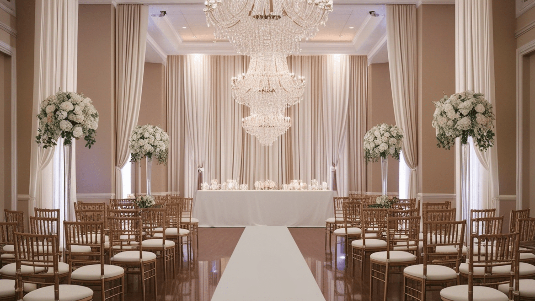 Elegant wedding venue ceremony hall with a white aisle, floral arrangements, crystal chandeliers, draped curtains, and rows of wooden chairs; romantic.