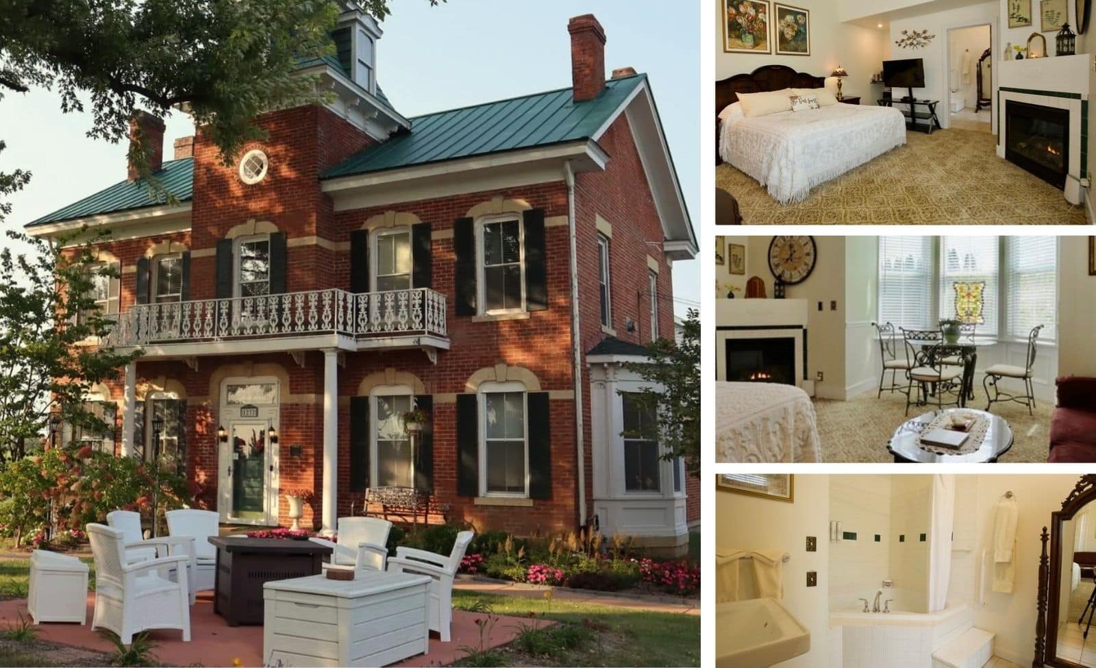 Cloran Mansion Bed and Breakfast exterior and Saras Suite with fireplace and jetted tub in Galena, showing one of the many places to stay and things to do in Illinois.