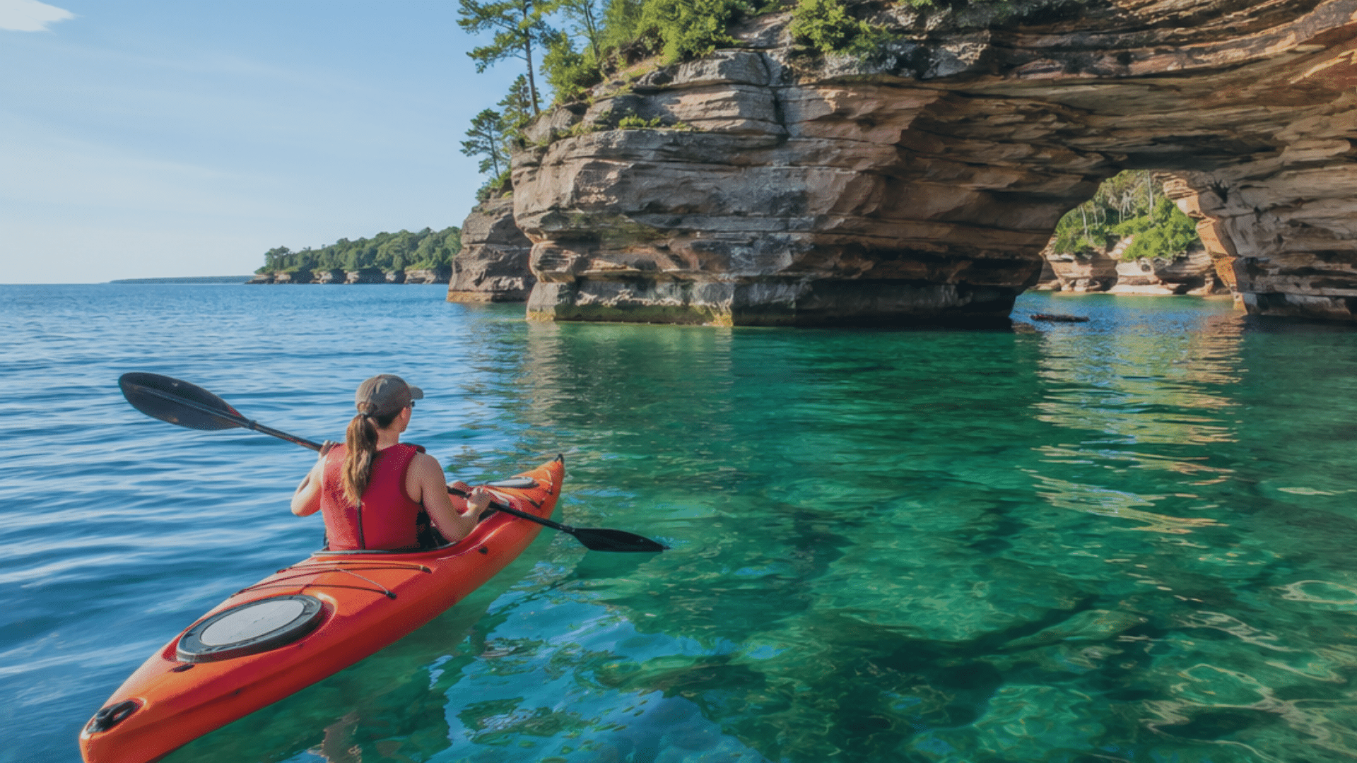 A kayaker paddles a bright orange kayak across clear blue-green water toward a dramatic sandstone rock arch along a tree-lined shoreline.