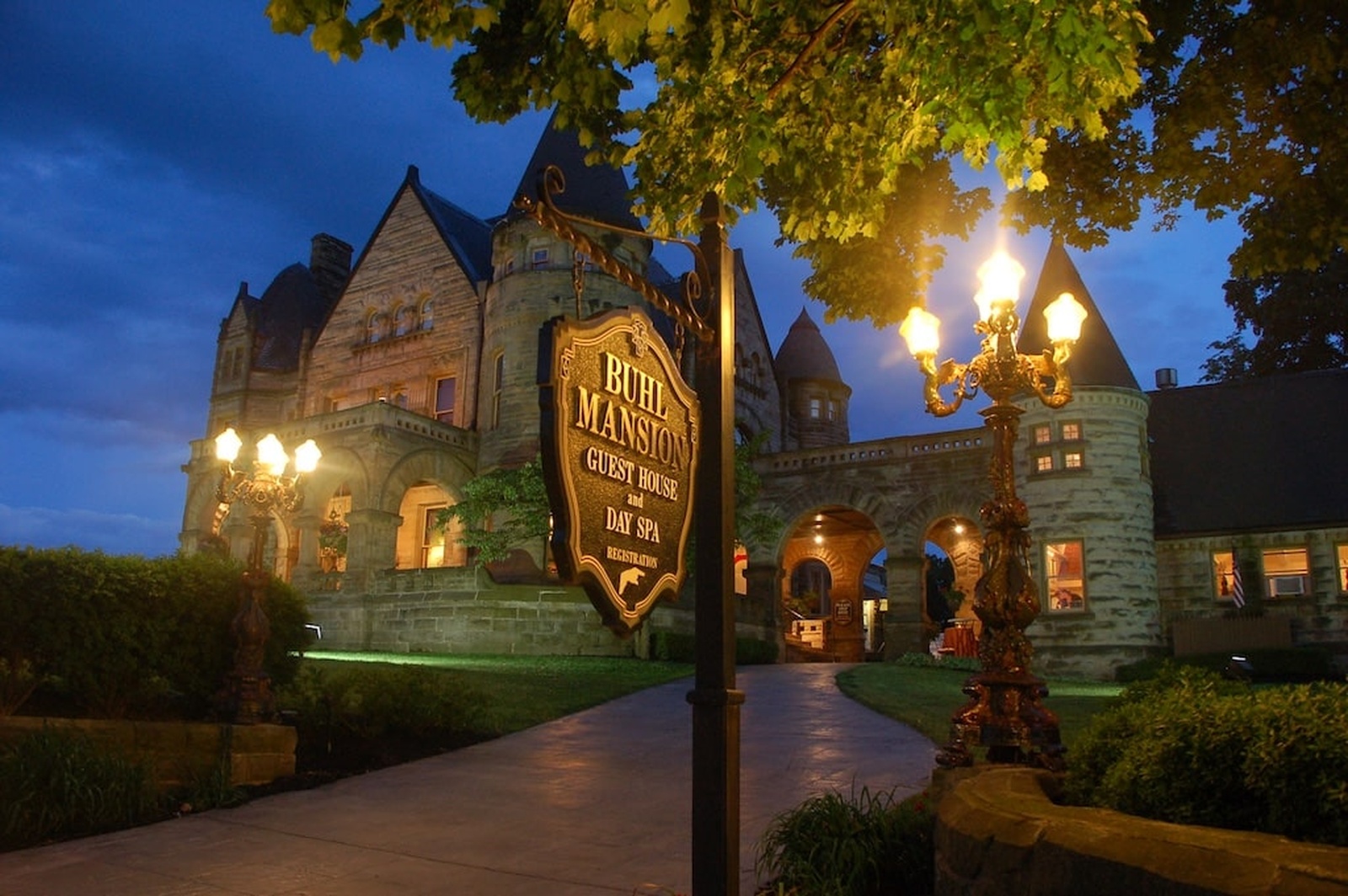 Buhl Mansion at night, perfect for cozy fall weekend getaways in Pennsylvania