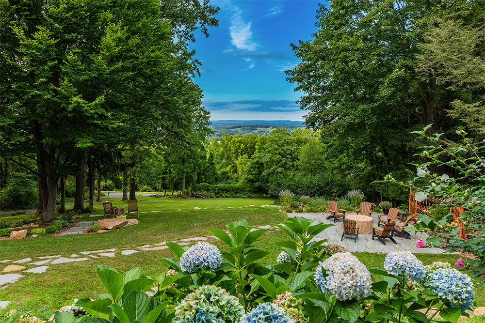Patio view of yard from our wedding venue in PA. Our Berks County Bed and Breakfast offers great views of the surrounding area.