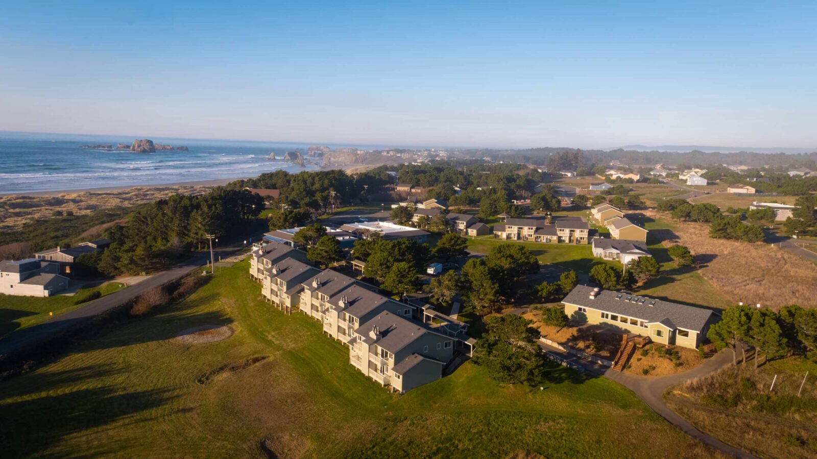 Aerial looking northwest of our Southern Oregon Coast Hotel, Face Rock. Stay off Highway 101 Oregon.