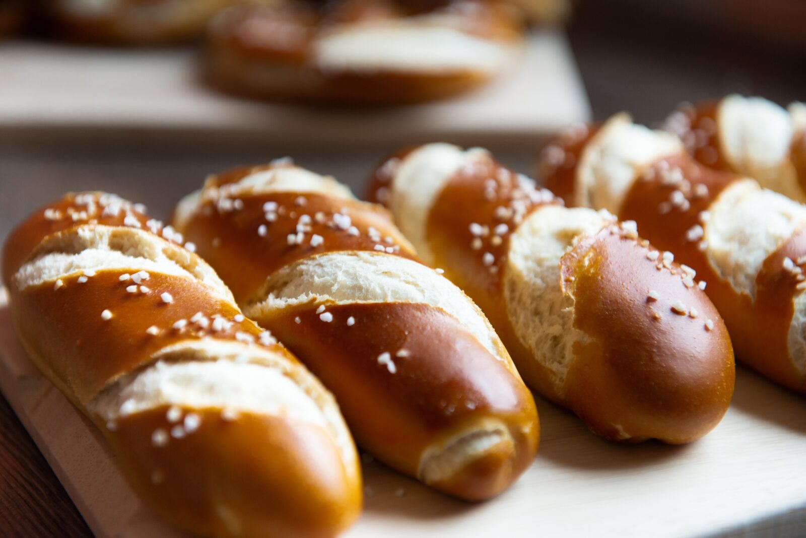 Close up photo of freshly made pretzels at Canal Park Brewing 