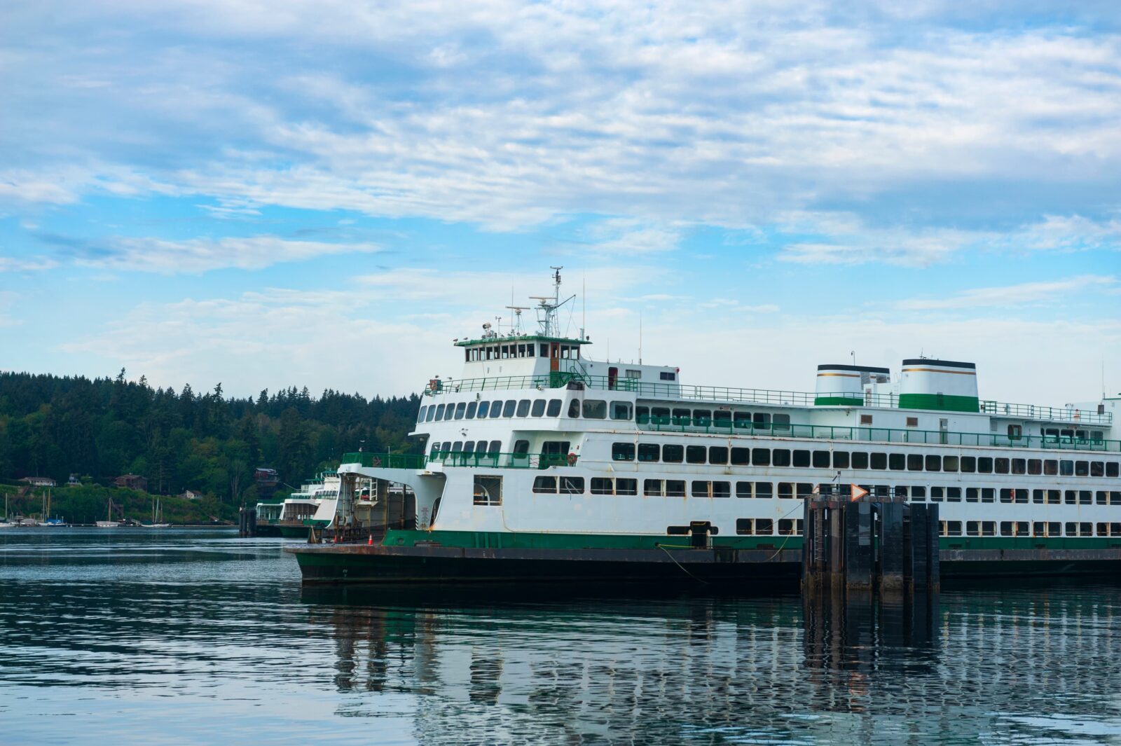 Seattle Bainbridge Ferry docked at terminal on island, about 6 miles south of the Bloedel Reserve.