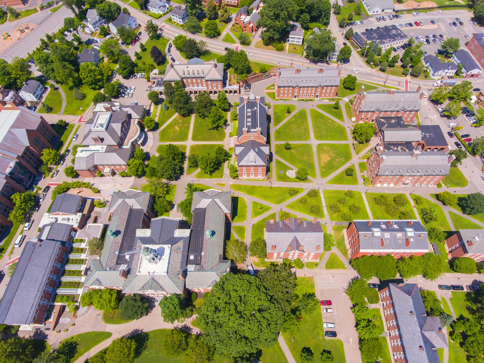 Academy Building of Phillips Exeter Academy family weekend aerial view in historic town center of Exeter, NH.