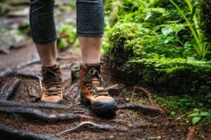 Close up photo of hiking boots on a trail at Bloedel Reserve
