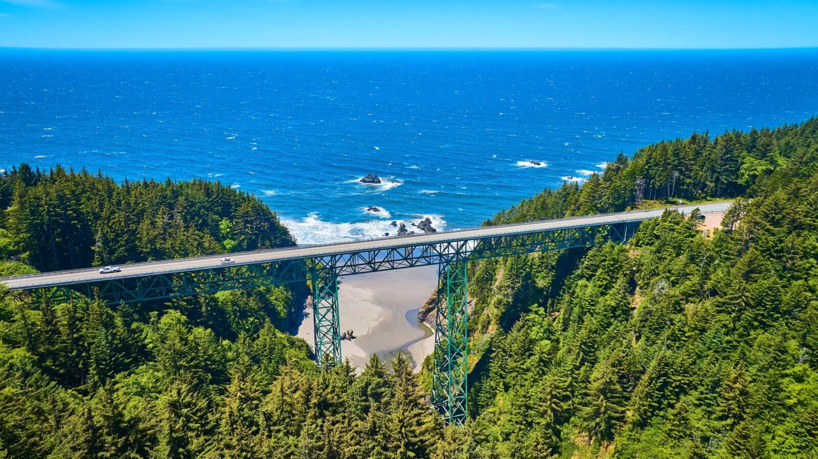 Aerial view of Thomas Creek Bridge and Pacific Ocean. Highway 101 Oregon