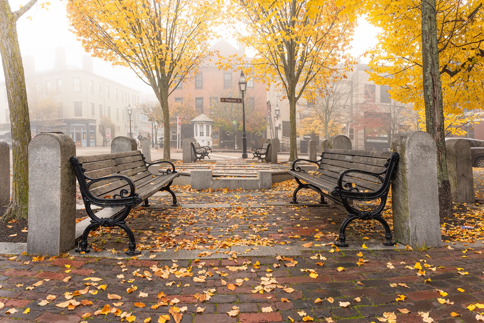 The market square in Portsmouth showcasing New Hampshire fall foliage.