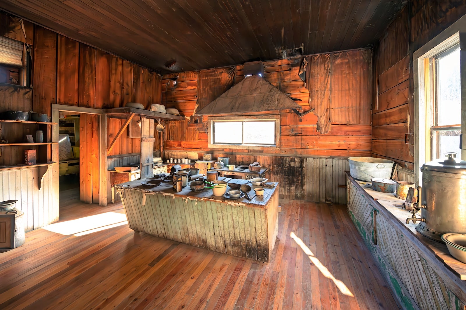 The interior of a kitchen at Garnet Ghost Town with all the original furnishings.