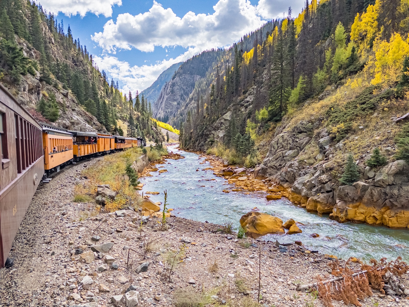 A train riding through fall foliage, one of the best things to do in Durango Colorado.