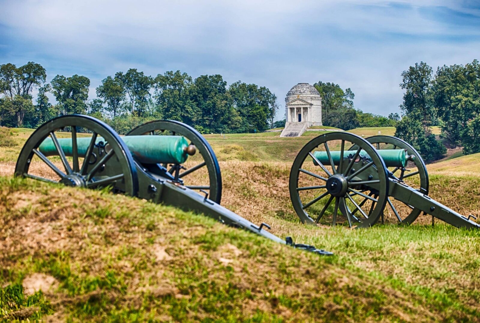 Cannons in field, Illinois Memorial at Vicksburg National MIlitary Park, one of the most haunted places in Mississippi