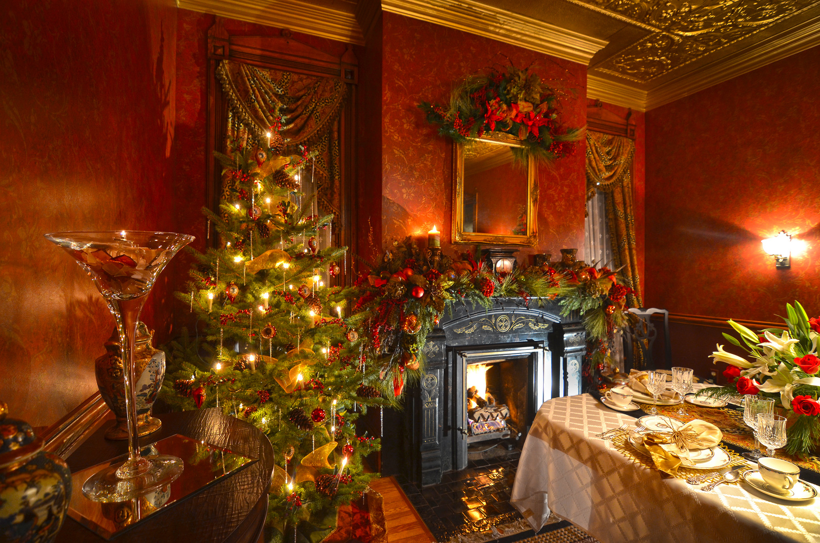 Dining room decorated for Christmas at Historic Webster House