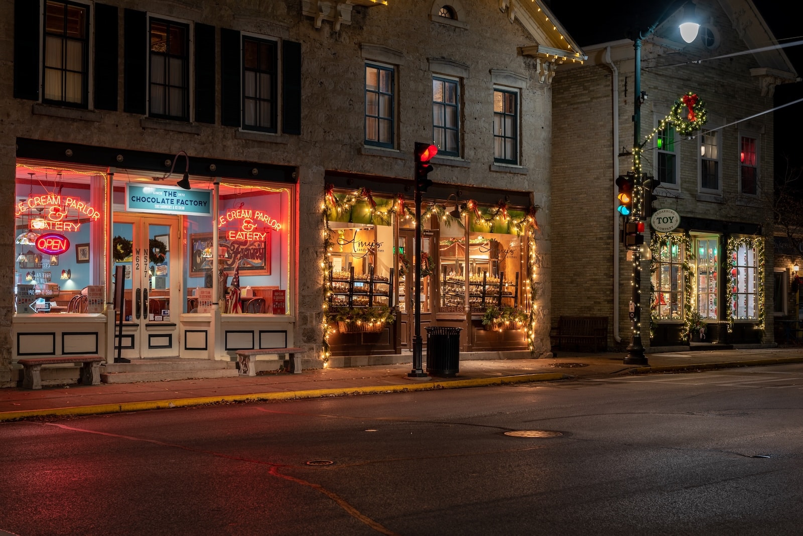 Storefronts at night for shopping, one of the things to do in Cedarburg WI.